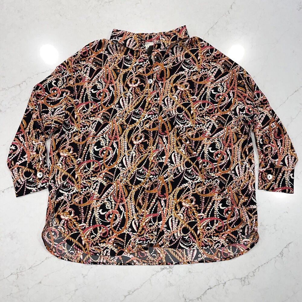 ENTRO Collar Black Pattern Long‎ Sleeve Top V Neck Button Detail Pull Over Lined